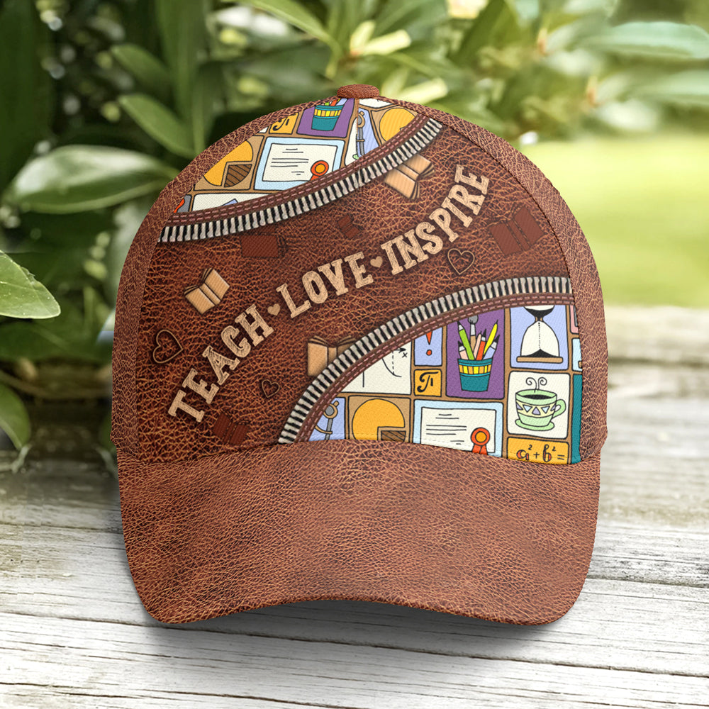 Teach Love Inspire Classic Leather Subjects Art Style Baseball Cap Trucker Hats Custom Hats Gifts For Men & Women
