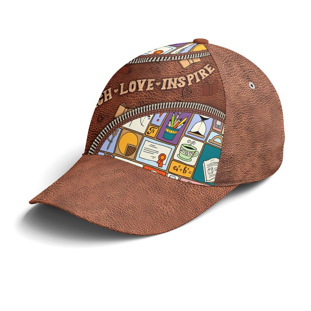 Teach Love Inspire Classic Leather Subjects Art Style Baseball Cap Trucker Hats Custom Hats Gifts For Men & Women