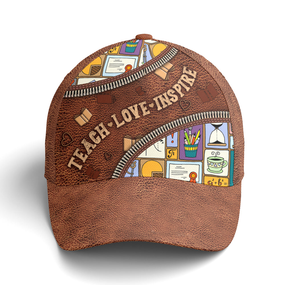 Teach Love Inspire Classic Leather Subjects Art Style Baseball Cap Trucker Hats Custom Hats Gifts For Men & Women