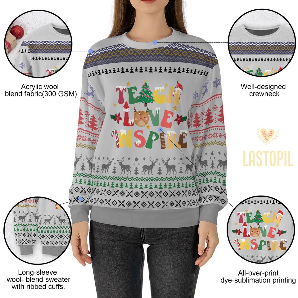Teach Love Inspire Teacher Ugly Christmas Sweater Teacher Sweatshirt - Image 6