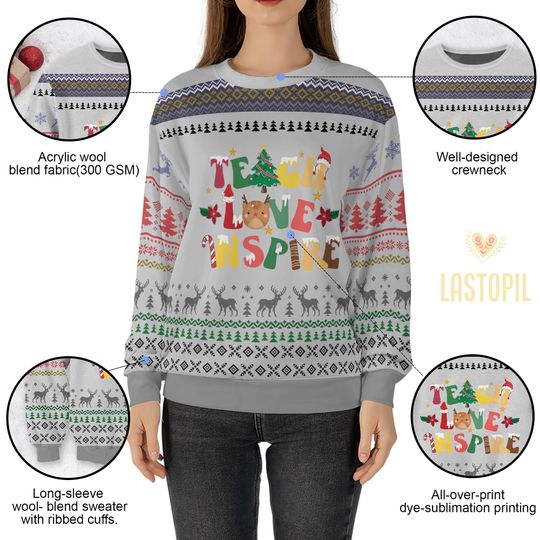 Teach Love Inspire Teacher Ugly Christmas Sweater Teacher Sweatshirt - Image 15