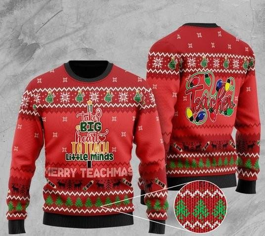 Teacher It Takes Big Heart Ugly Christmas Sweater Adult 3D Funny Matching for family