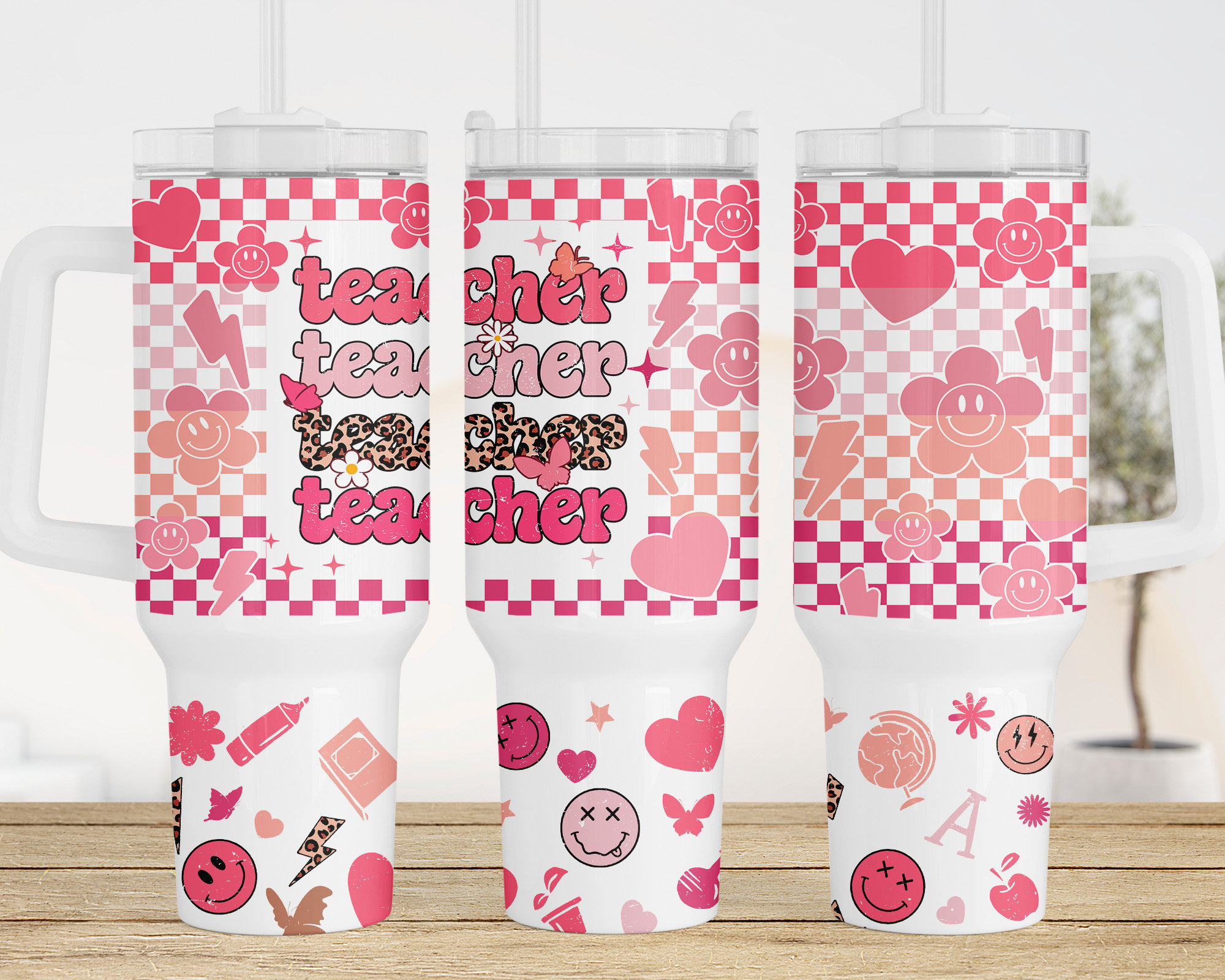 Teacher Retro Checkered Smiley Face Custom Stanley Cup 40 oz 30 oz Tumbler With HandleTVC2301959