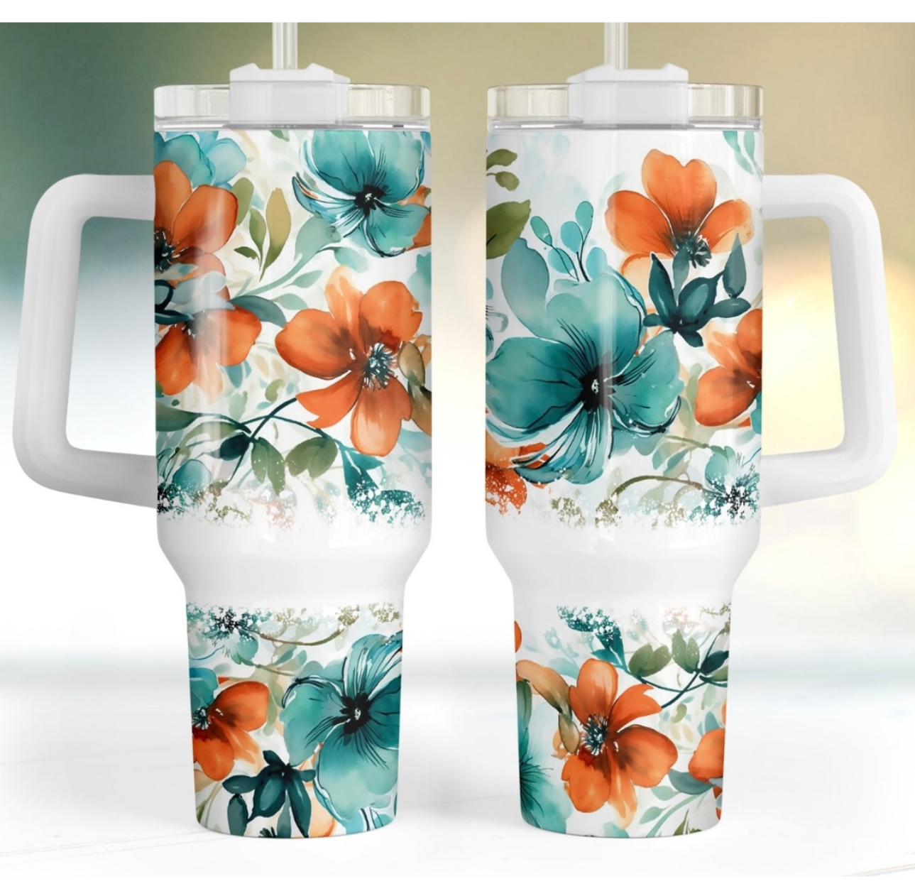 Teal And Orange Flowers Custom Stanley Cup 40 oz 30 oz Tumbler With HandleTVC2301752