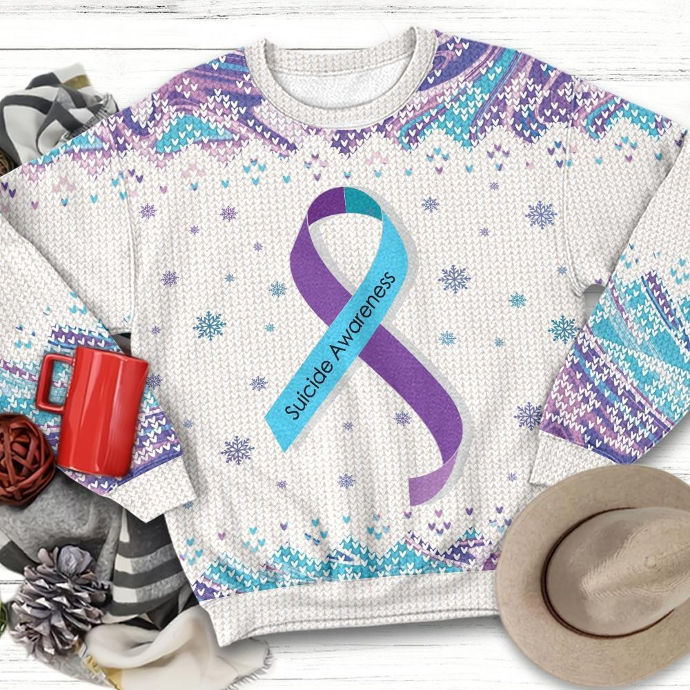 Teal And Purple Ribbon Suicide Prevention Awareness Ugly Christmas Sweater Adult 3D Funny Matching for family