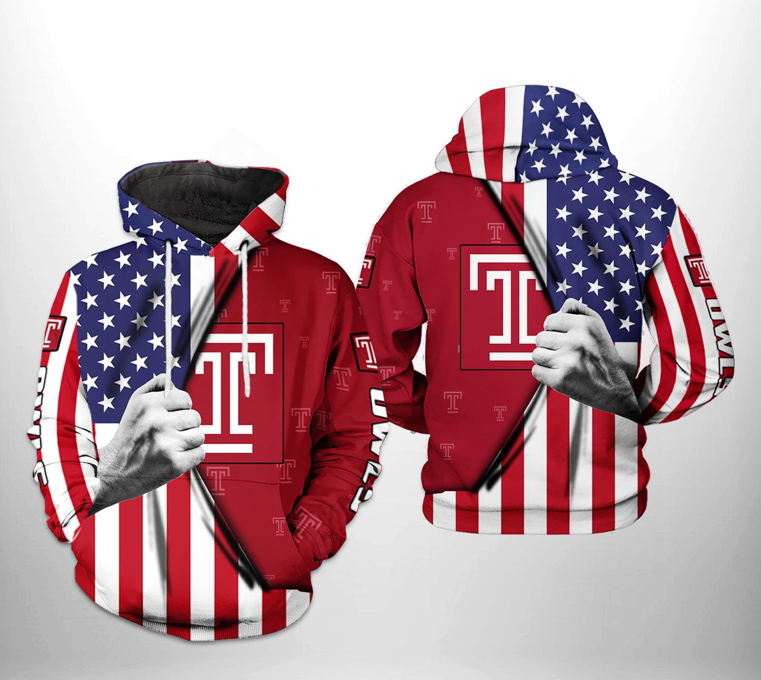 Temple Owls NCAA US Flag 3D All Over Print Hoodie, Zip Hoodie