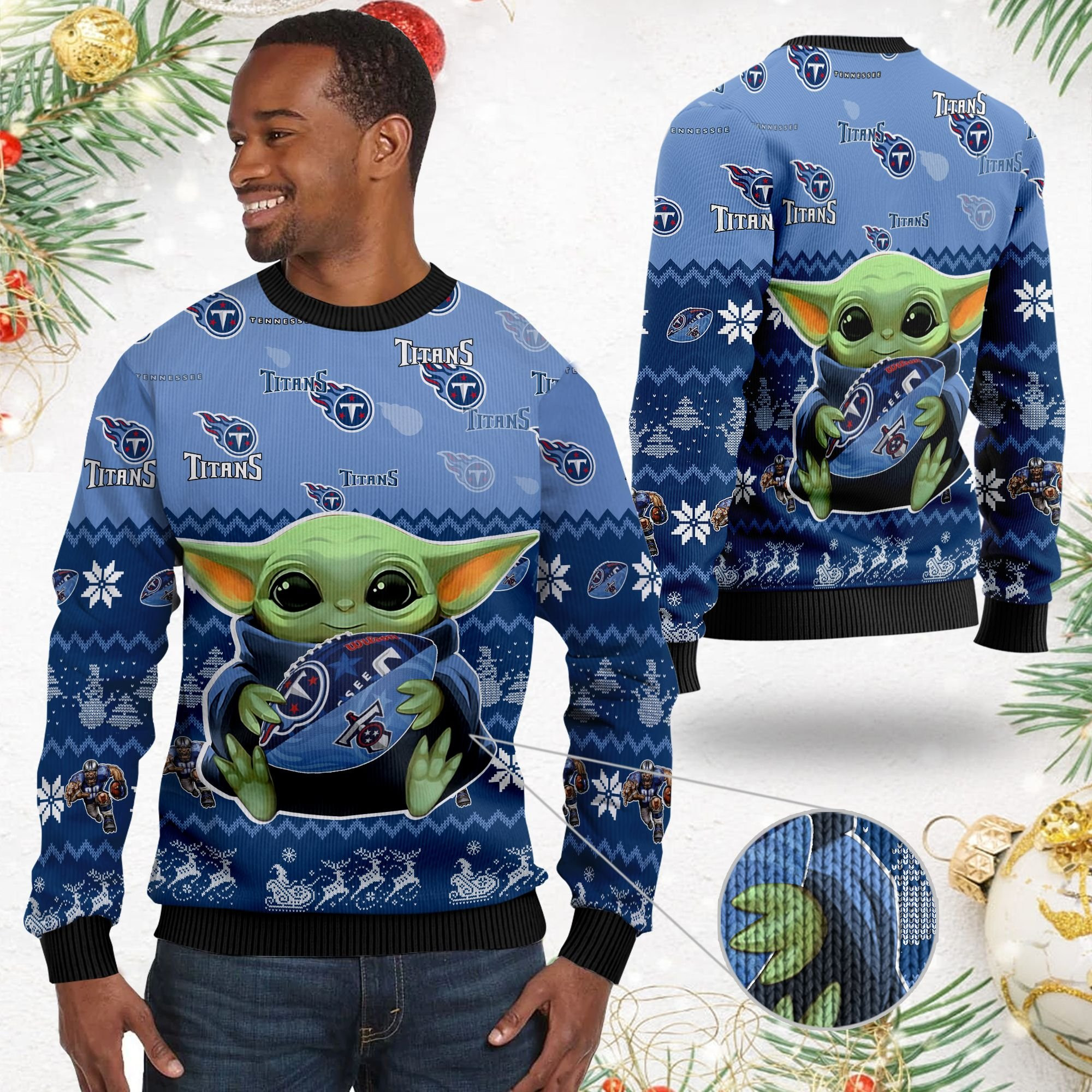 Tennessee Titans Baby Yoda Shirt For American Football Fans Ugly Christmas Sweater Adult 3D Funny Matching for family - Image 2