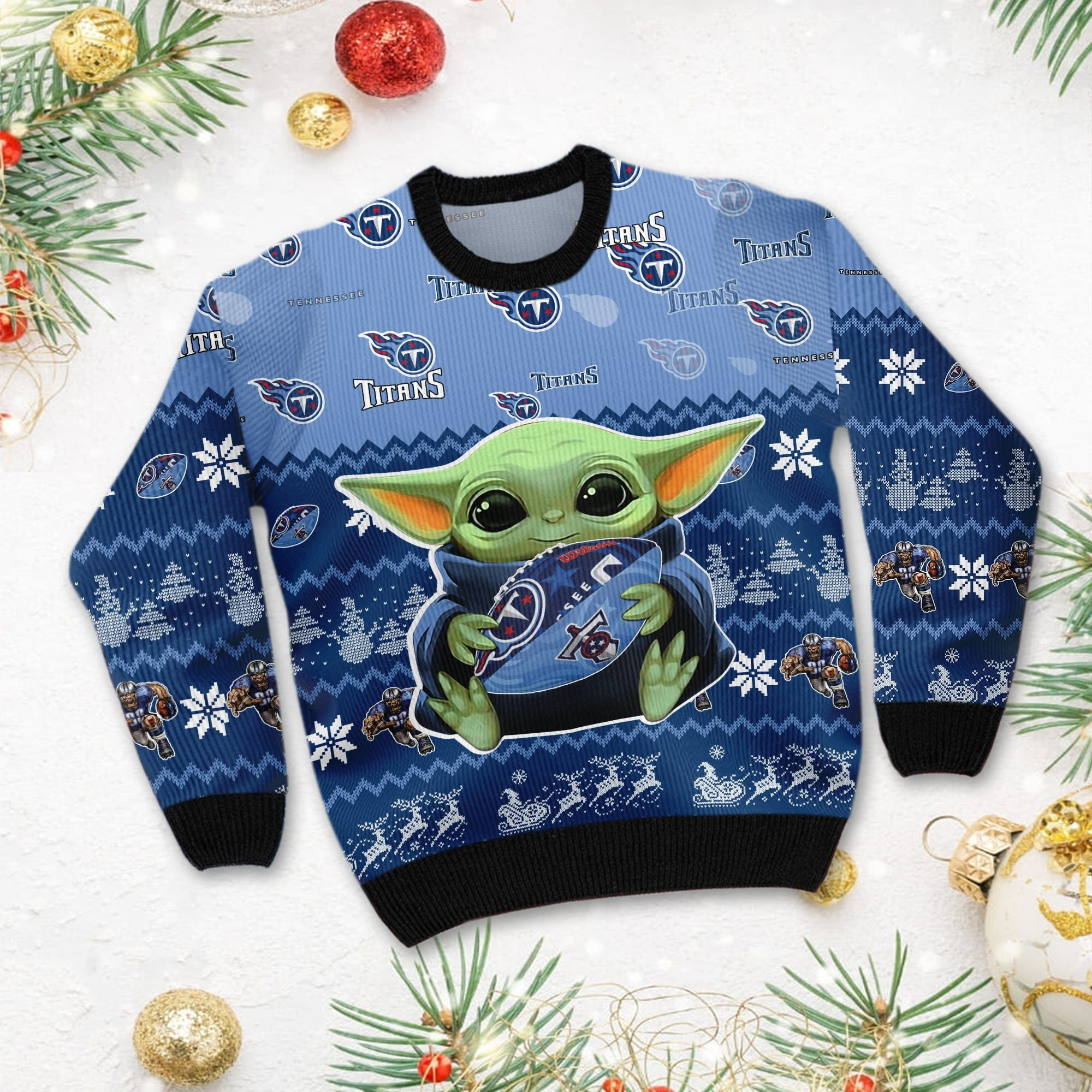Tennessee Titans Baby Yoda Shirt For American Football Fans Ugly Christmas Sweater Adult 3D Funny Matching for family - Image 3