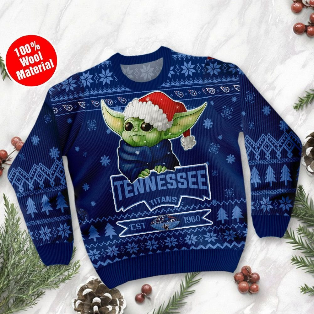 Tennessee Titans Cute Baby Yoda Grogu Holiday Party Ugly Christmas Sweater Adult 3D Funny Matching for family - Image 2