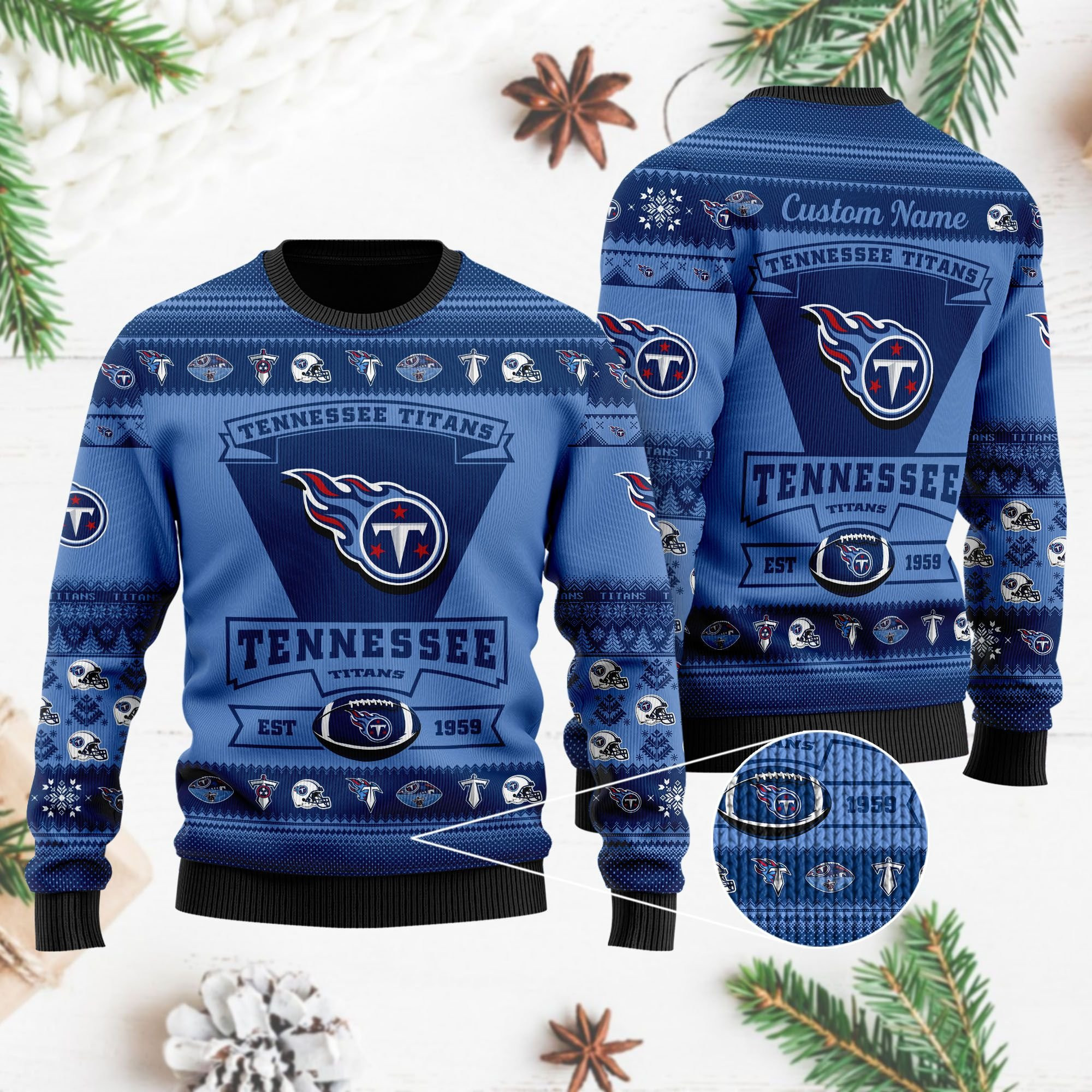 Tennessee Titans Football Team Logo Custom Name Personalized Ugly Christmas Sweater Adult 3D Funny Matching for family