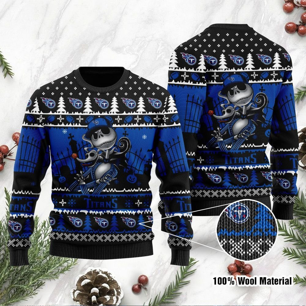 Tennessee Titans Jack Skellington Halloween Holiday Party Ugly Christmas Sweater Adult 3D Funny Matching for family