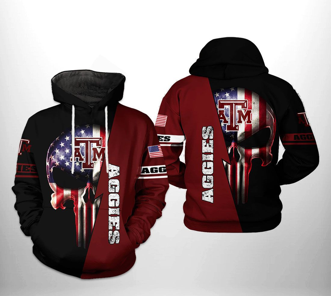 Texas A&M Aggies NCAA US Flag Skull 3D All Over Print Hoodie, Zip Hoodie