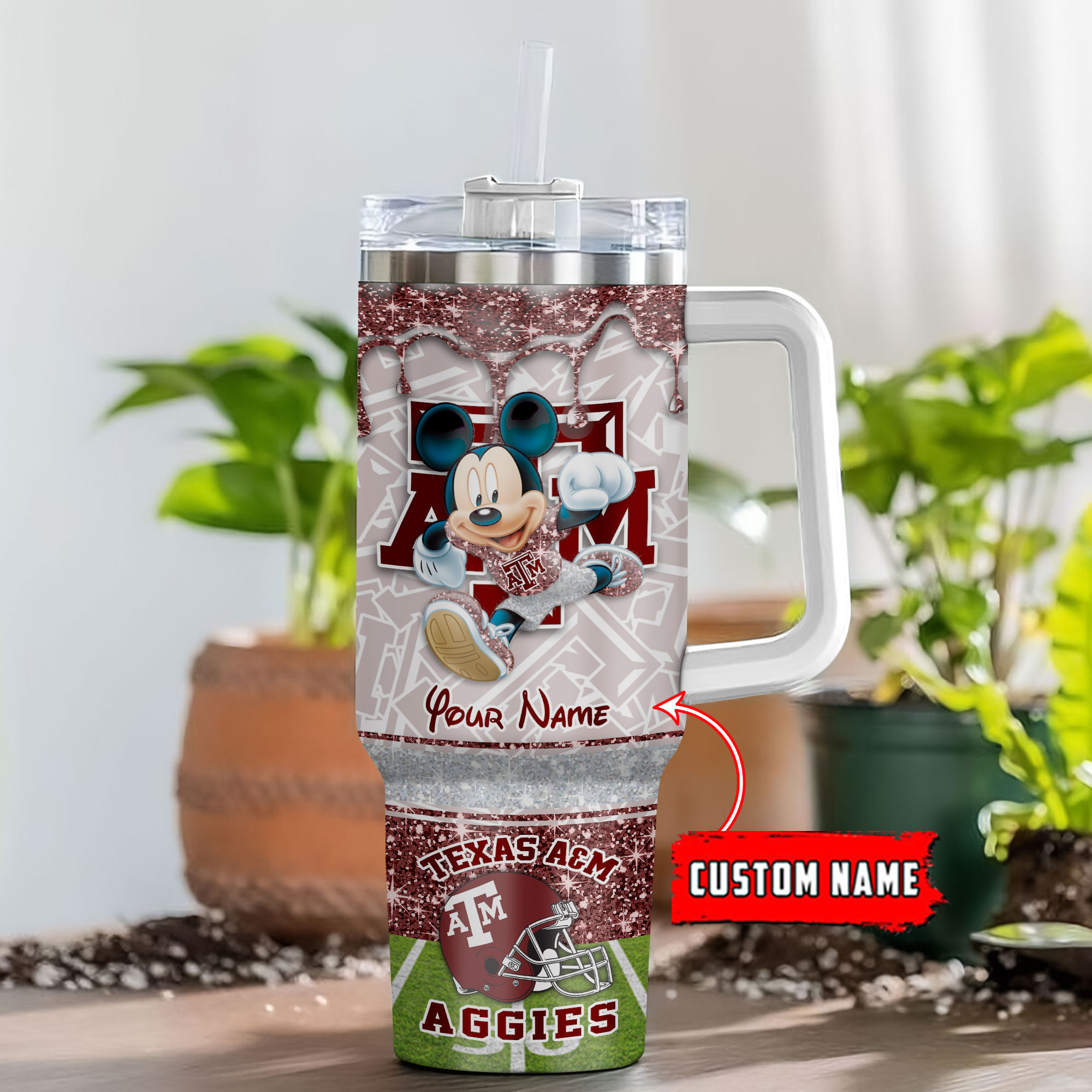 Texas A&M Aggies NCAA Mickey Mouse Glitter Custom Stanley Cup 40 oz 30 oz Tumbler With HandleTVC230125