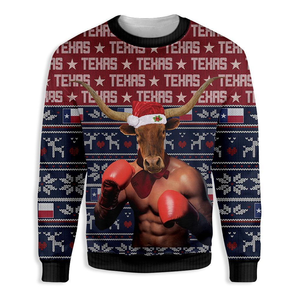 Texas Boxing Longhorn Ugly Christmas Sweater Adult 3D Funny Matching for family