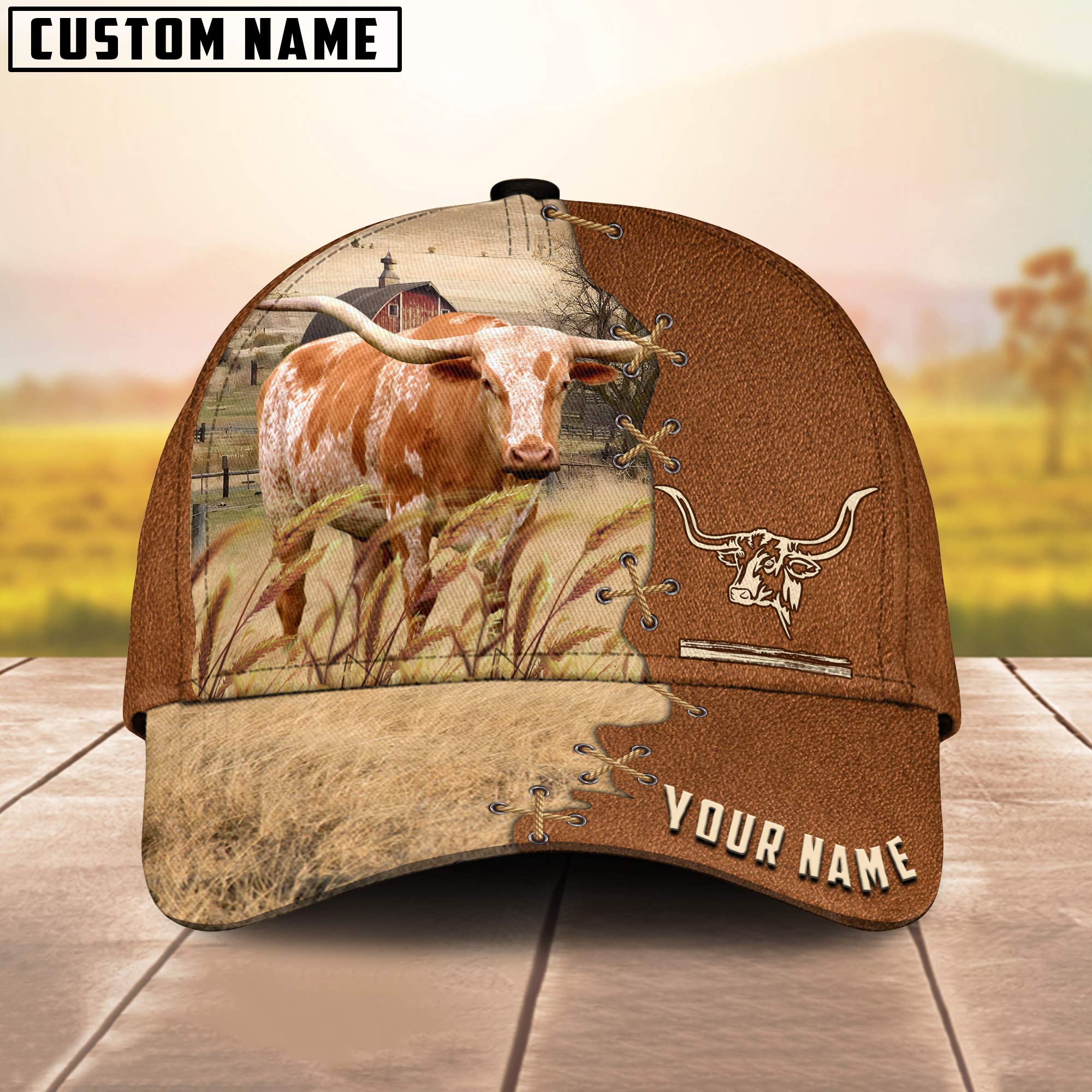 Texas Longhorn Custom Name Brown Leather Paern 3D Cap 3D All Over Print Baseball Cap, Cap For Farm Lovers, Animal Cap, Leather Pattern Cap Trucker Hats Custom Hats Gifts For Men & Women