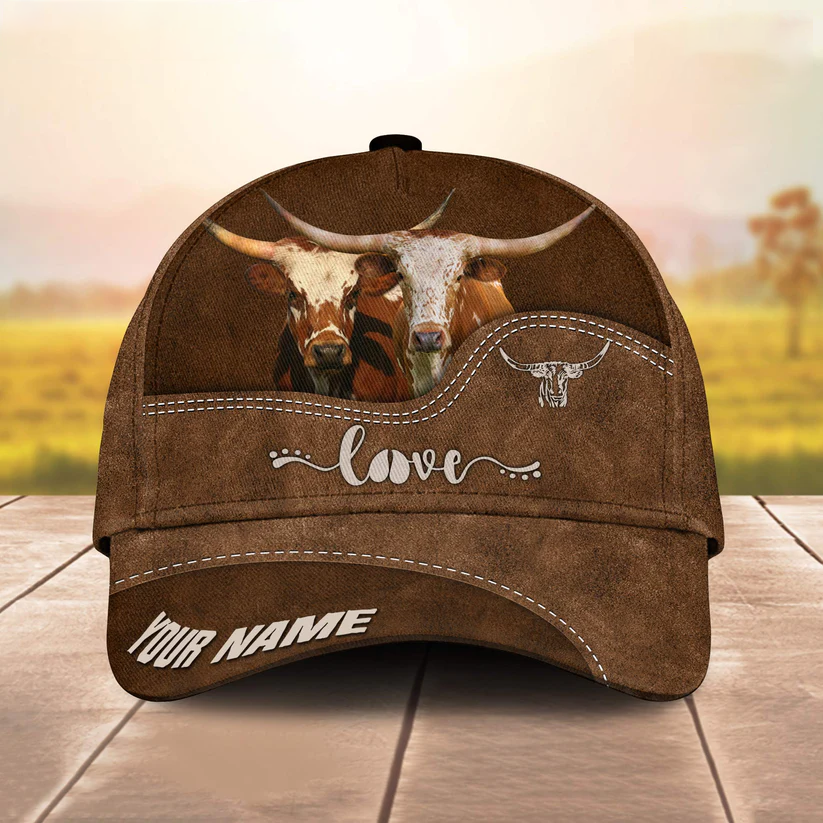 Texas Longhorn Love Leather Pattern Customized Name Cap Trucker Hats Custom Hats Gifts For Men & Women