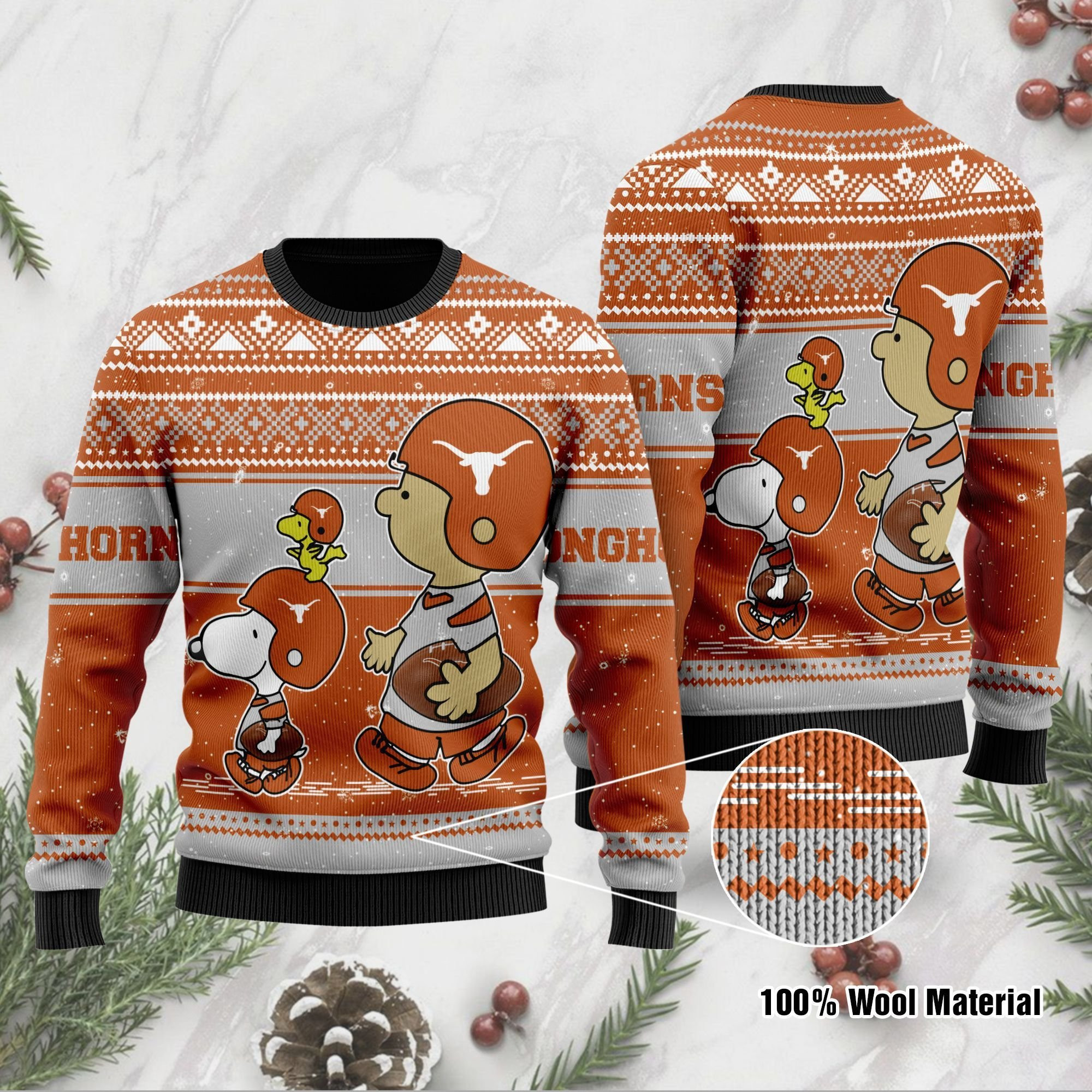 Texas Longhorns Charlie Brown Snoopy Wear Football Jersey Ugly Christmas Sweater Adult 3D Funny Matching for family