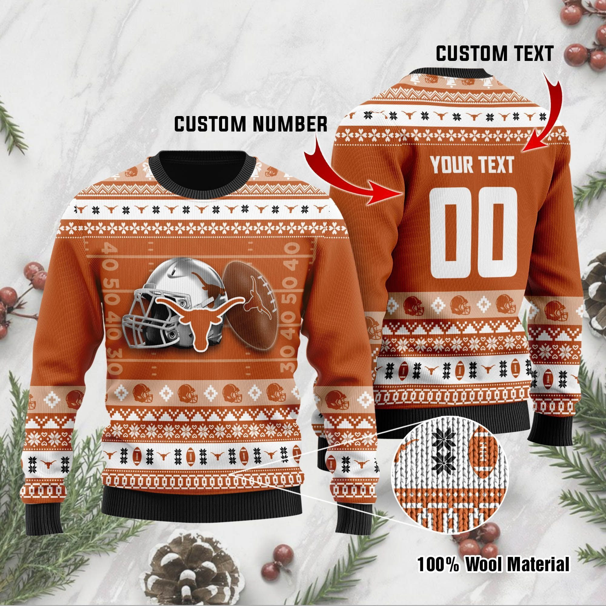 Texas Longhorns Custom Name & Number Personalized Ugly Christmas Sweater Adult 3D Funny Matching for family