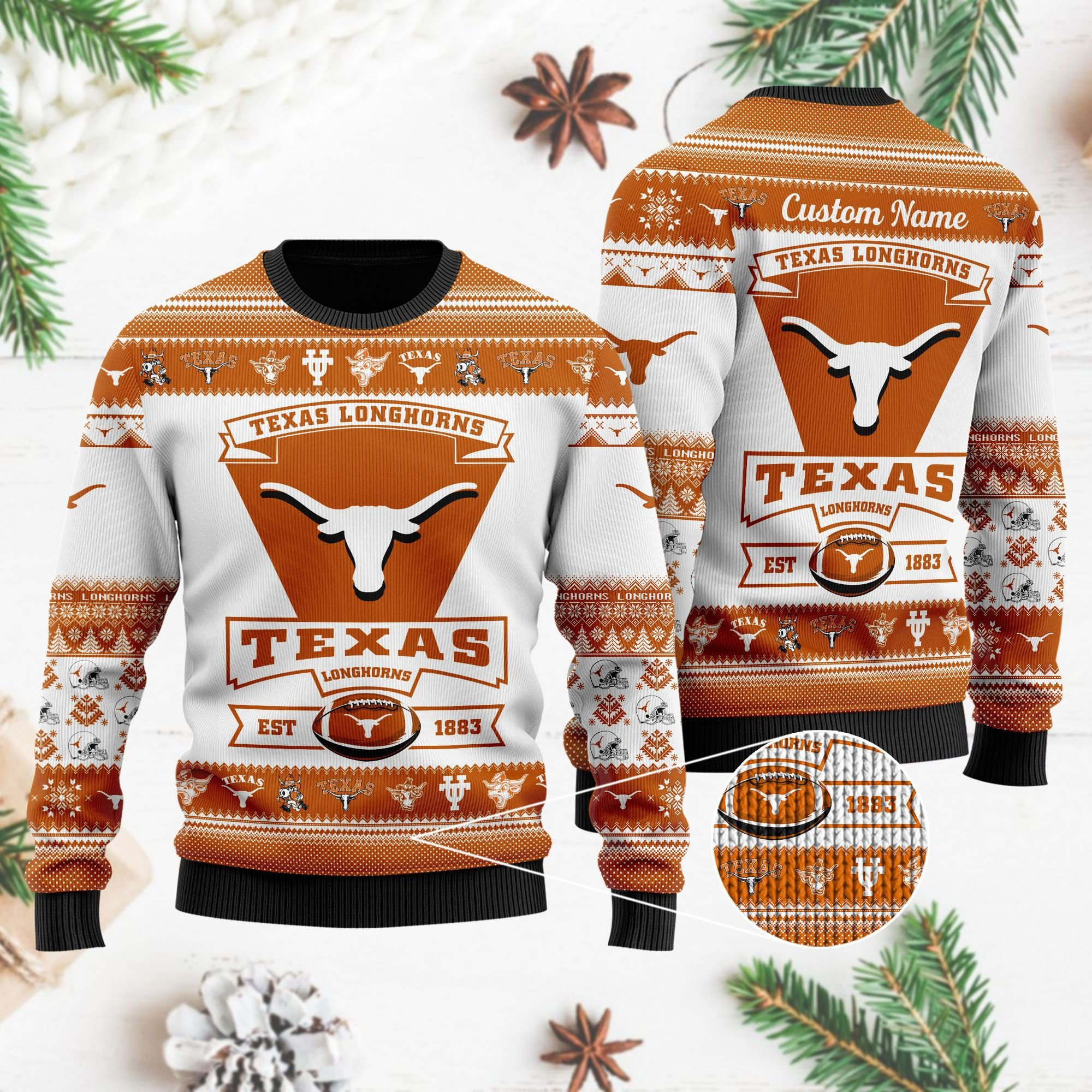 Texas Longhorns Football Team Logo Custom Name Personalized Ugly Christmas Sweater Adult 3D Funny Matching for family