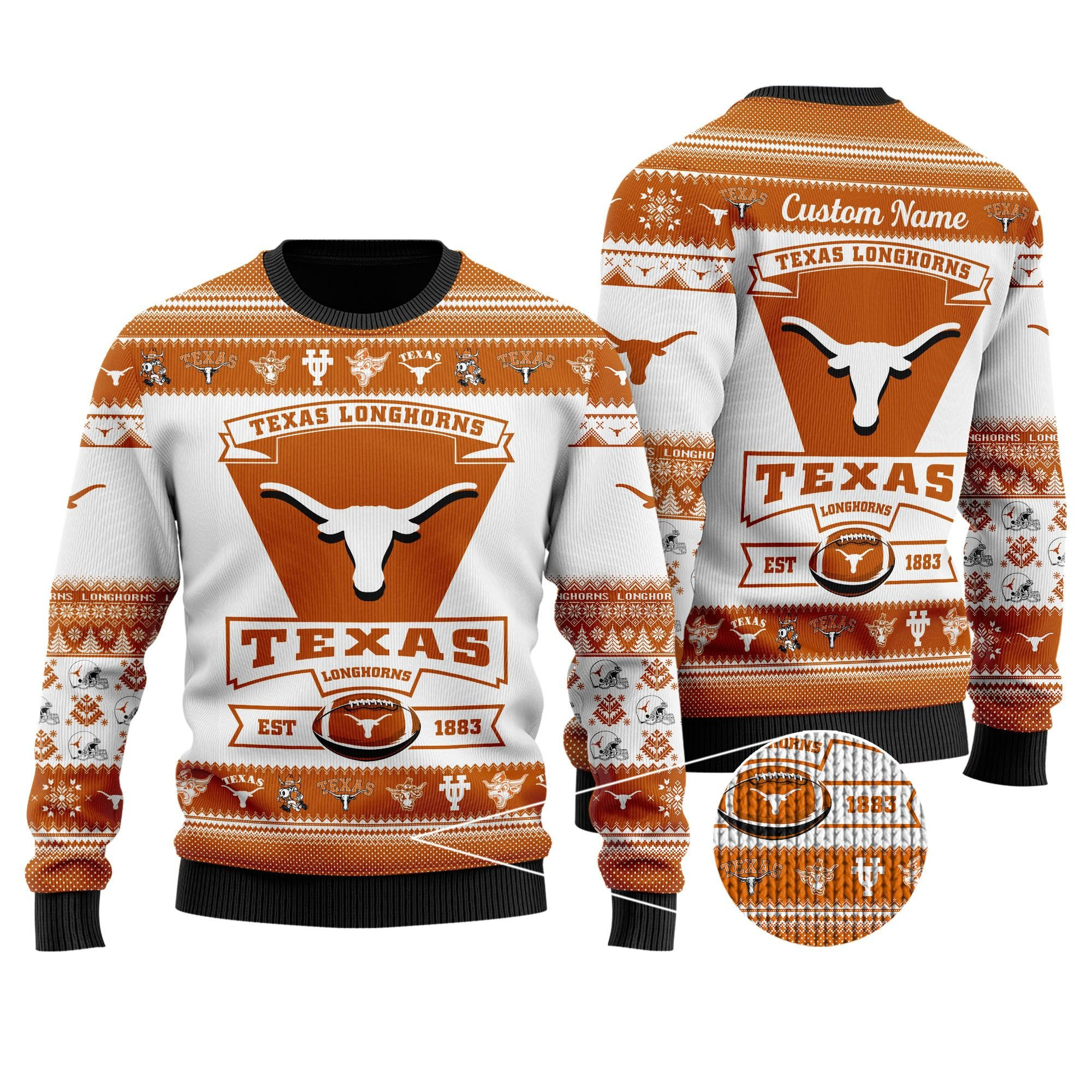 Texas Longhorns Football Team Logo Custom Name Personalized Ugly Christmas Sweater Adult 3D Funny Matching for family - Image 2