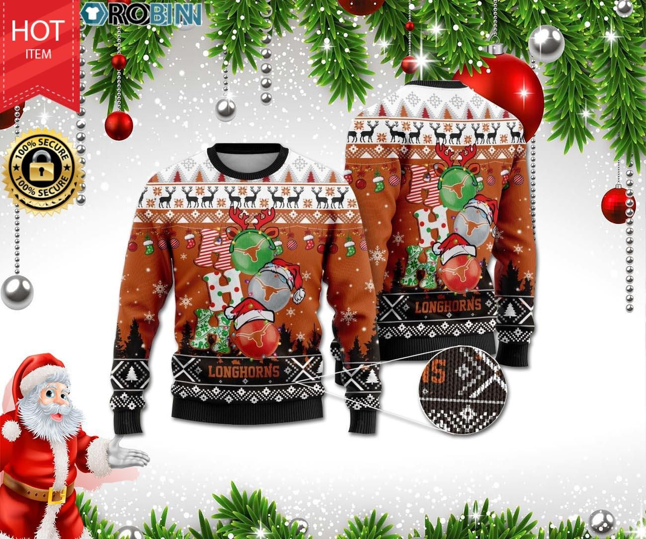 Texas Longhorns Ho Ho Ho 3D Print Ugly Christmas Sweater Adult 3D Funny Matching for family