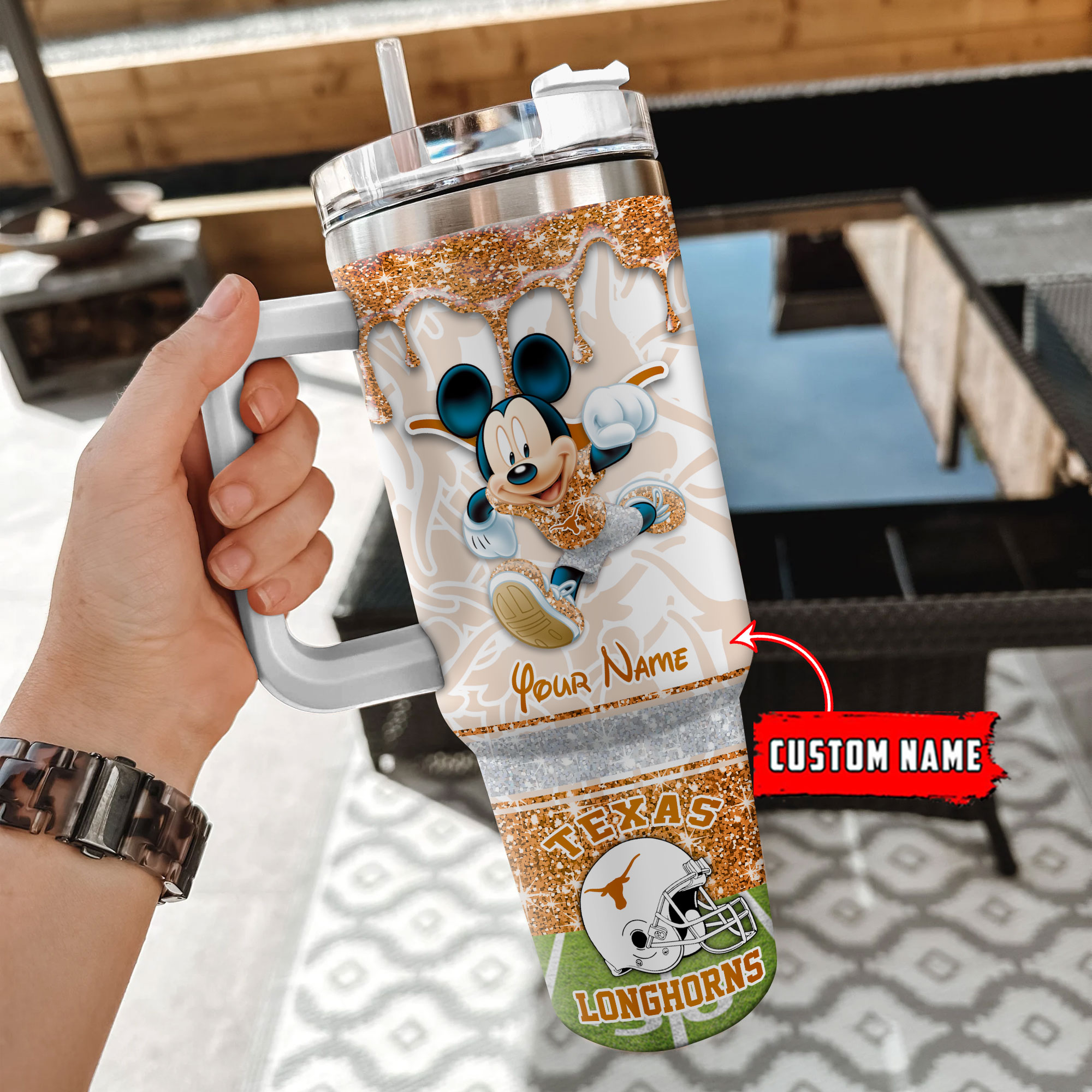 Texas Longhorns NCAA Mickey Mouse Glitter Custom Stanley Cup 40 oz 30 oz Tumbler With HandleTVC230125 - Image 2