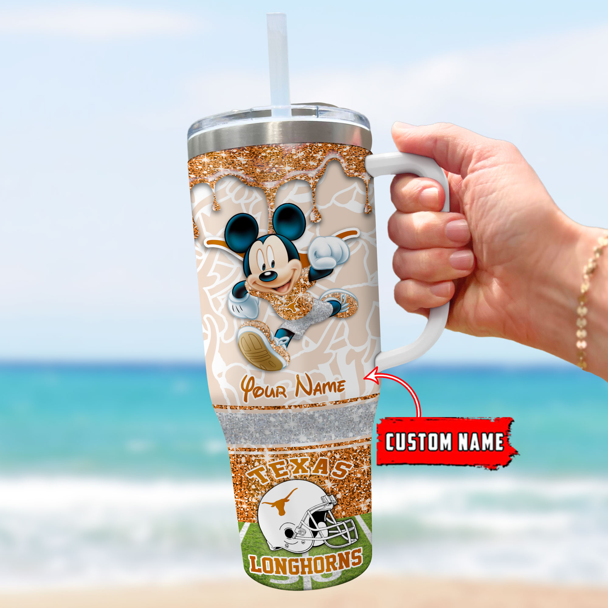 Texas Longhorns NCAA Mickey Mouse Glitter Custom Stanley Cup 40 oz 30 oz Tumbler With HandleTVC230125 - Image 3