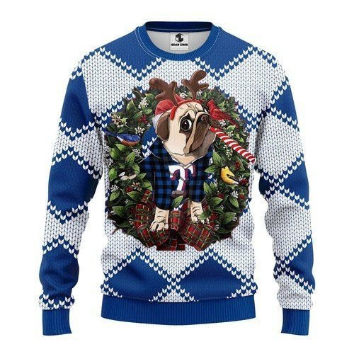 Texas Rangers Pug Dog For Unisex Ugly Christmas Sweater Adult 3D Funny Matching for family