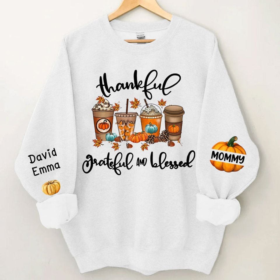 Thankful Grateful and Blessed Grandma Fall season Coffee Cup Autumn Pumpkins Personalized 3D Sweatshirt - Image 3