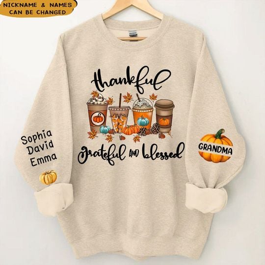 Thankful Grateful and Blessed Grandma Fall season Coffee Cup Autumn Pumpkins Personalized 3D Sweatshirt - Image 5