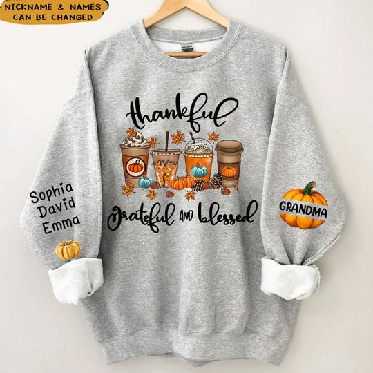 Thankful Grateful and Blessed Grandma Fall season Coffee Cup Autumn Pumpkins Personalized 3D Sweatshirt - Image 4