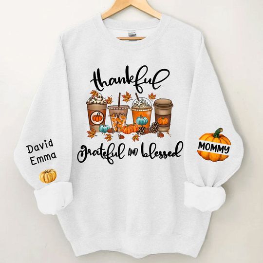 Thankful Grateful and Blessed Grandma Fall season Coffee Cup Autumn Pumpkins Personalized 3D Sweatshirt - Image 6