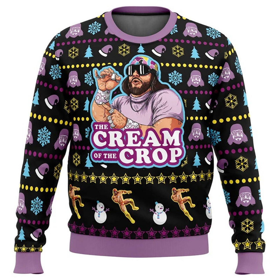 The Cream Of The Crop Wrestling Ugly Christmas Sweater, Funny Character Xmas