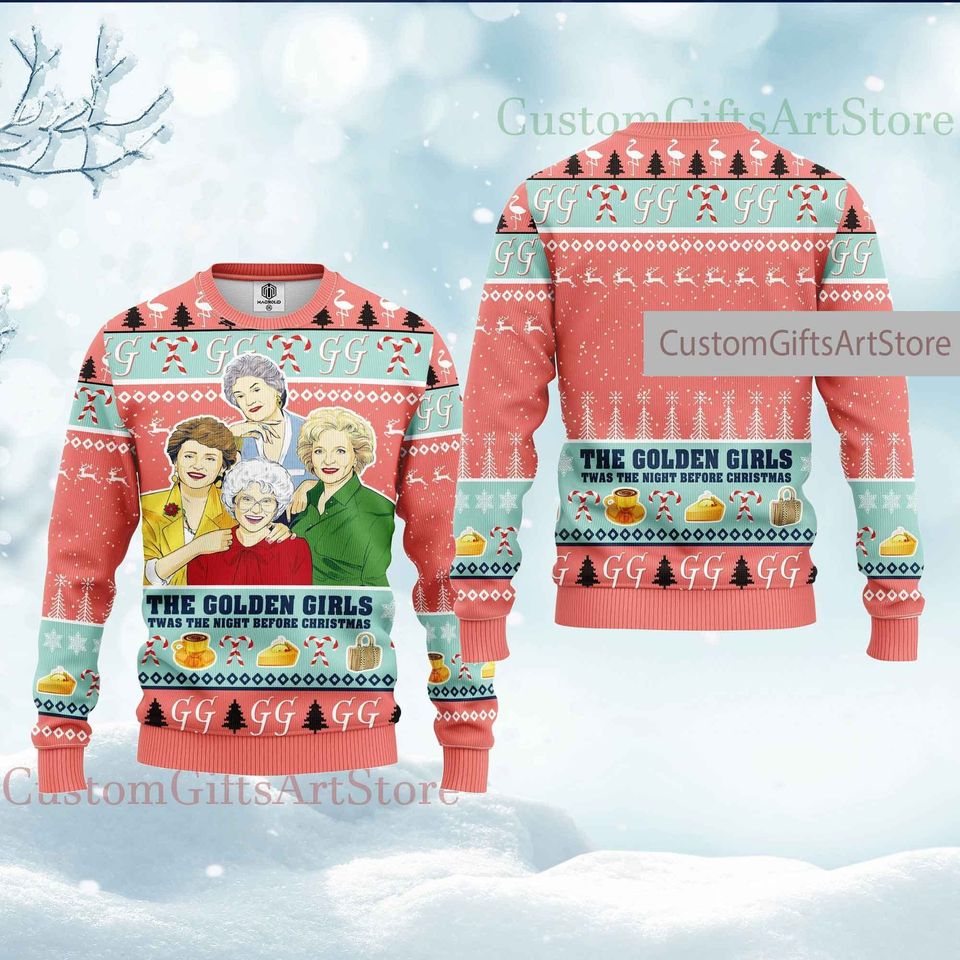 The Girl Pink Knitted Ugly Christmas Sweater, Golden Women Friends Xmas Sweatshirt
