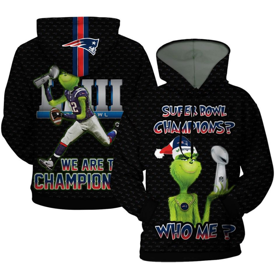 The Grinch New England Patriots Super Bowl Champions Santa Hat 3D All Over Print Hoodie, Zip Hoodie
