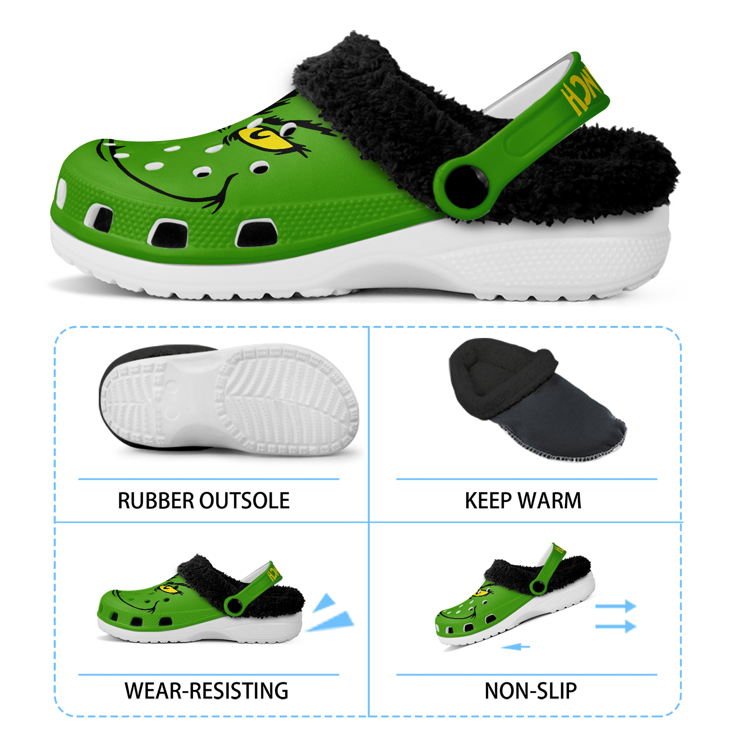 The Grinch x Christmas Crocs Crocband Fleece Lined Clogs Shoes Comfortable For Men Women and Kids In Winter - Image 9