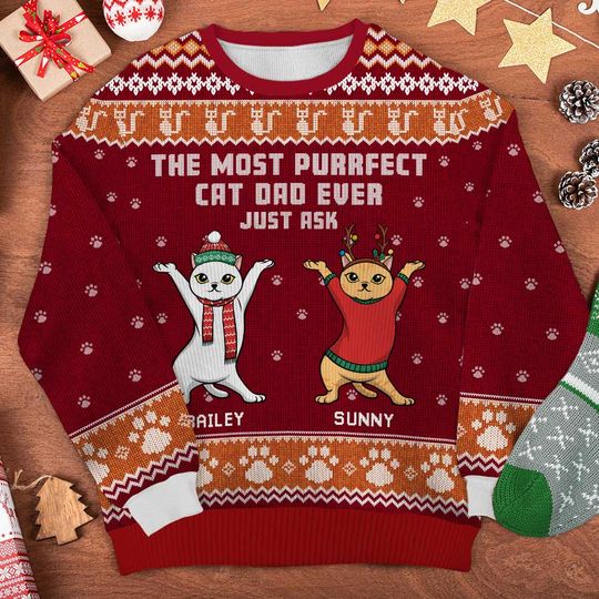 The Most Purrfect Cat Mom Ever - Personalized Unisex Ugly Christmas Sweatshirt - Gift For Cat Lovers, Pet Lovers, Christmas Gift - Image 4