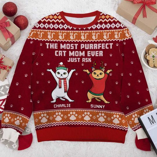 The Most Purrfect Cat Mom Ever - Personalized Unisex Ugly Christmas Sweatshirt - Gift For Cat Lovers, Pet Lovers, Christmas Gift - Image 3