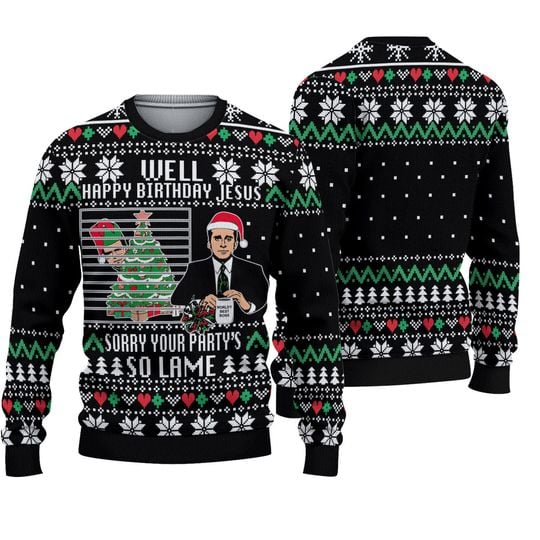 The Office Happy Birthday Jesus Sorry Your Parties So Lame Ugly Christmas 3D Sweater - Image 2