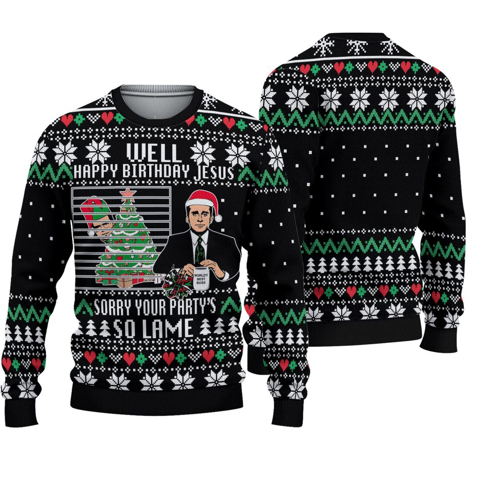 The Office Happy Birthday Jesus Sorry Your Partys So Lame Ugly Christmas 3D Sweater