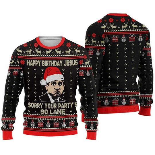 The Office Movie Christmas Sweater, Happy Birthday Jesus, Dw Schrute Ugly Sweater - Image 12