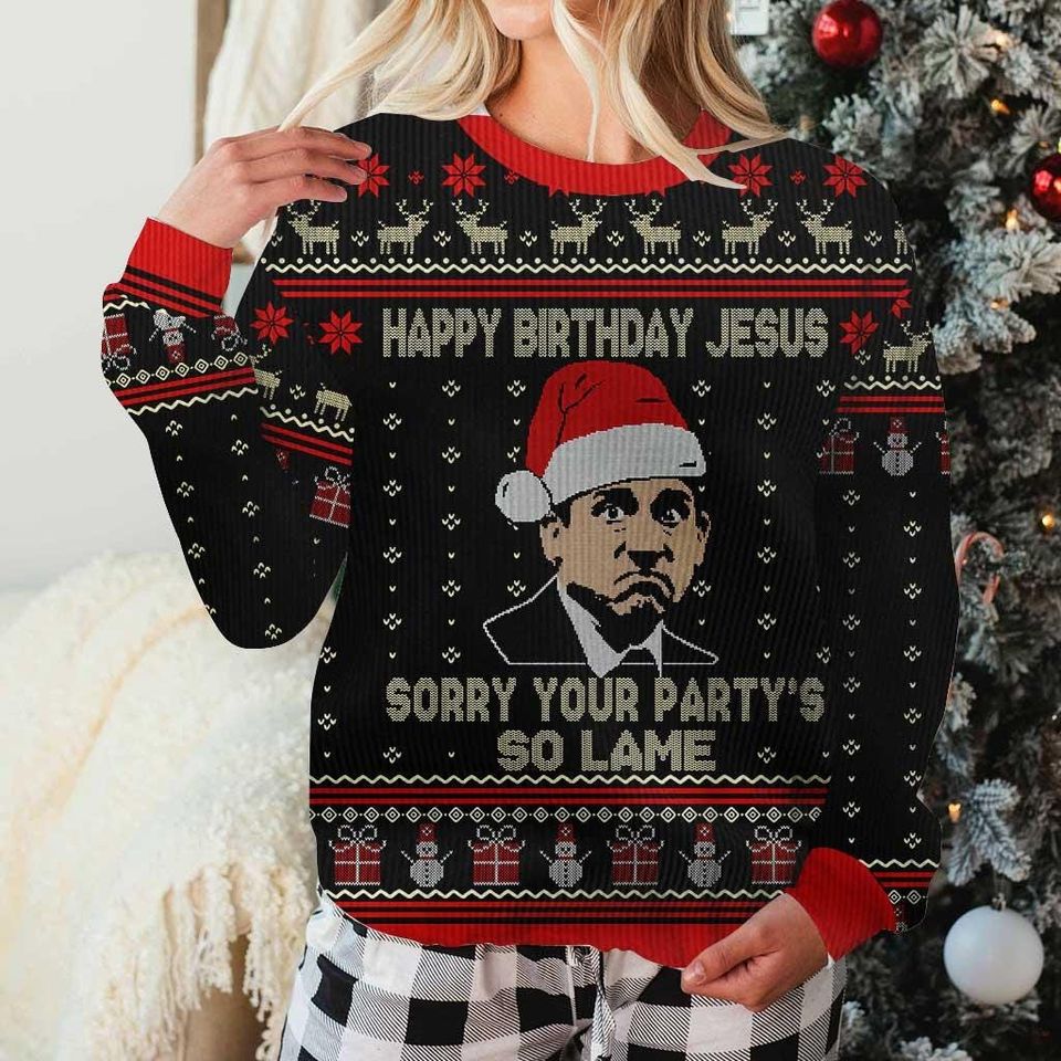 The Office Movie Christmas Sweater, Happy Birthday Jesus, Dw Schrute Ugly Sweater - Image 6