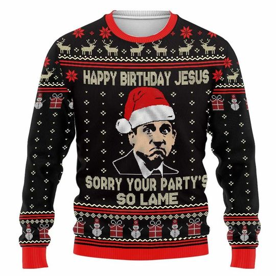 The Office Movie Christmas Sweater, Happy Birthday Jesus, Dw Schrute Ugly Sweater - Image 13