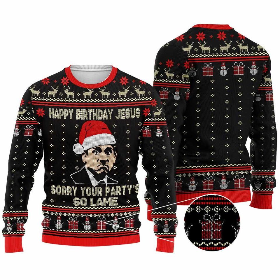 The Office Movie Christmas Sweater, Happy Birthday Jesus, Dw Schrute Ugly Sweater - Image 2