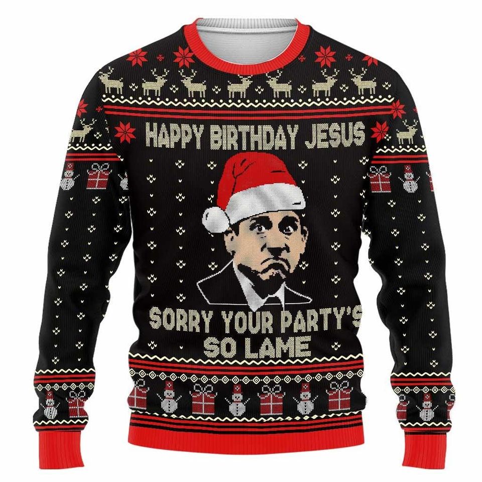 The Office Movie Christmas Sweater, Happy Birthday Jesus, Dw Schrute Ugly Sweater - Image 4