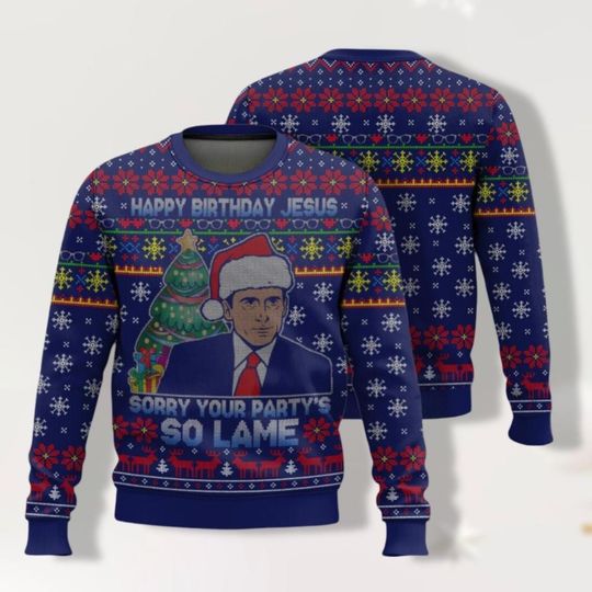 The Office Movie Ugly Christmas Sweater, Happy Birthday Jesus Sorry Your Party Is So Lame Michael Scott Sweater - Image 11