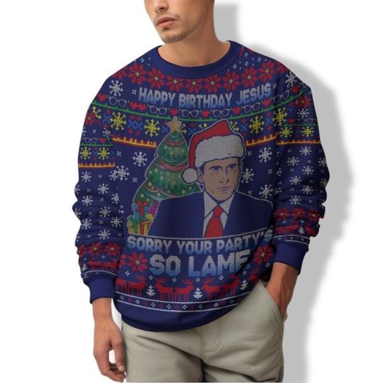 The Office Movie Ugly Christmas Sweater, Happy Birthday Jesus Sorry Your Party Is So Lame Michael Scott Sweater - Image 12