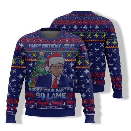The Office Movie Ugly Christmas Sweater, Happy Birthday Jesus Sorry Your Party Is So Lame Michael Scott Sweater - Image 15