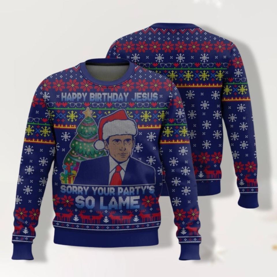 The Office Movie Ugly Christmas Sweater, Happy Birthday Jesus Sorry Your Party Is So Lame Michael Scott Sweater - Image 2