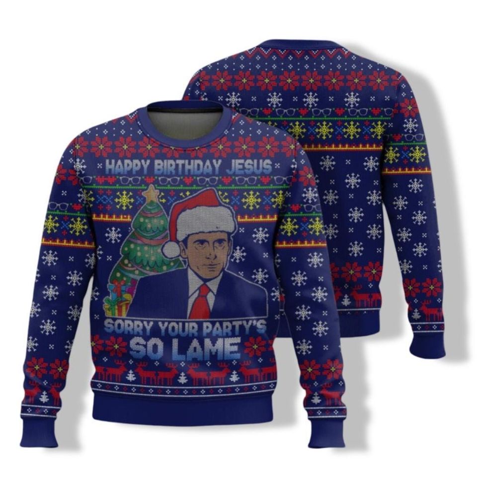The Office Movie Ugly Christmas Sweater, Happy Birthday Jesus Sorry Your Party Is So Lame Michael Scott Sweater - Image 6